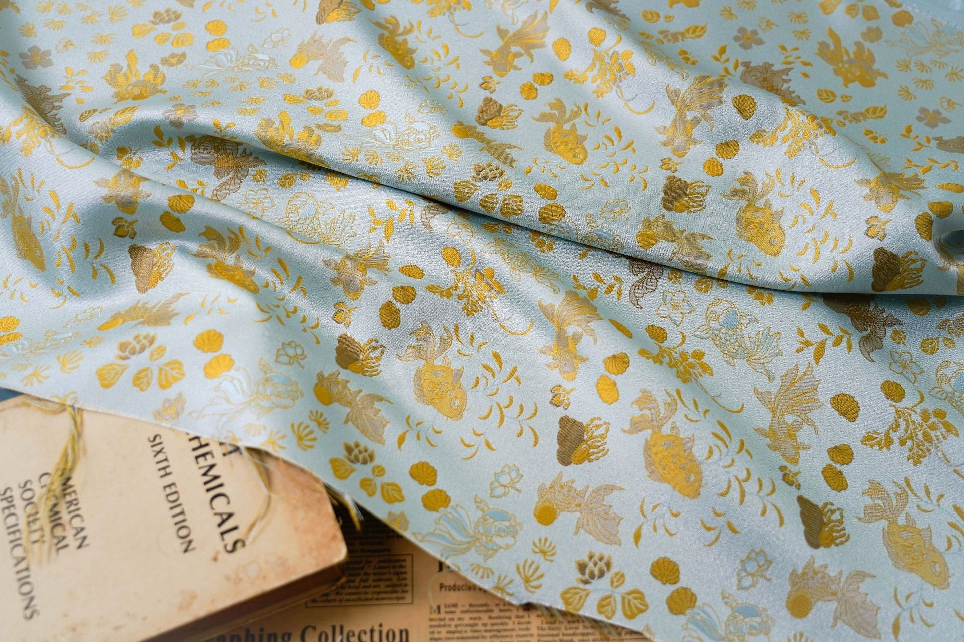 Gold Fish Brocade Jacquard Fabric: Retro Style, 60" Wide - Poppylollipop