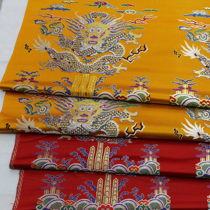 Gold Flying Dragon Fabric: Red & Gold Brocade Silk Rayon Blend (29"W)