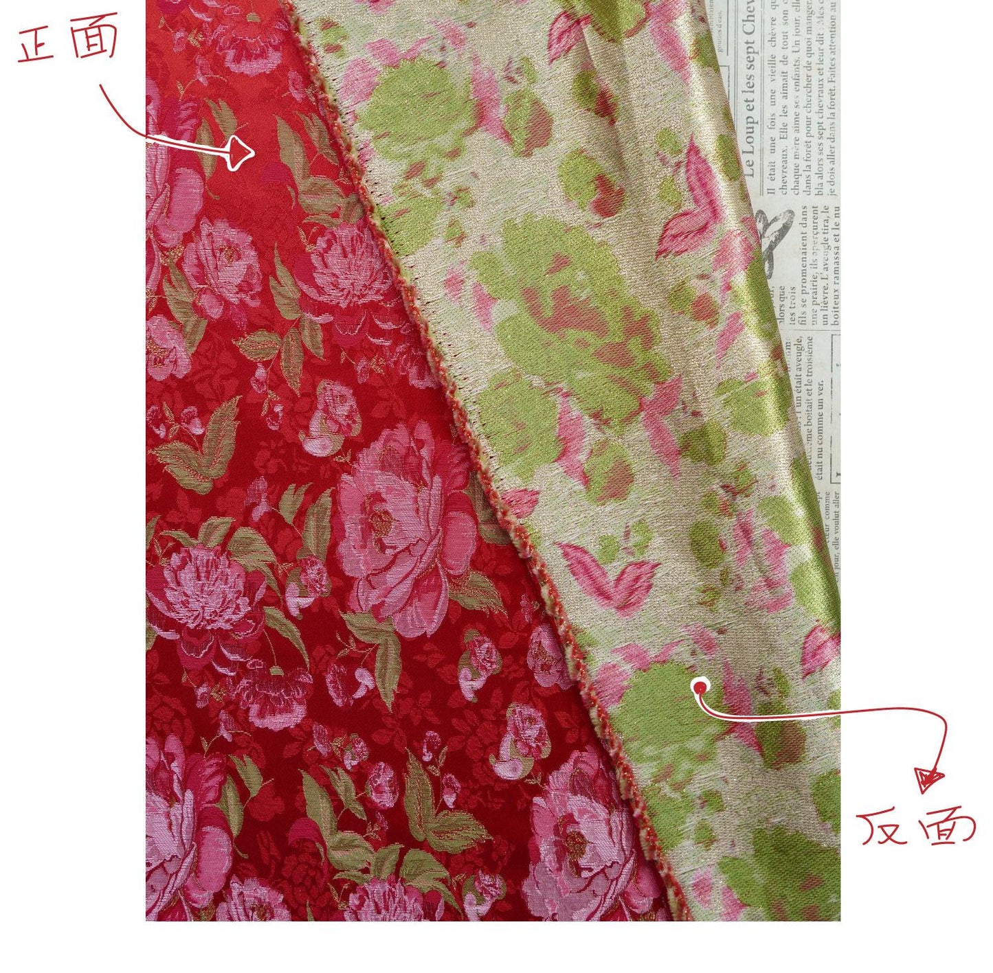 Red Peony Brocade Fabric: Gold Thread Jacquard, 64" Wide