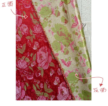 Red Peony Brocade Fabric: Gold Thread Jacquard, 64" Wide