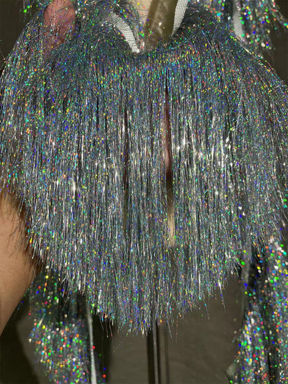 Tissu à franges argentées pour la danse : franges en polyester de 20 cm, décoration à faire soi-même