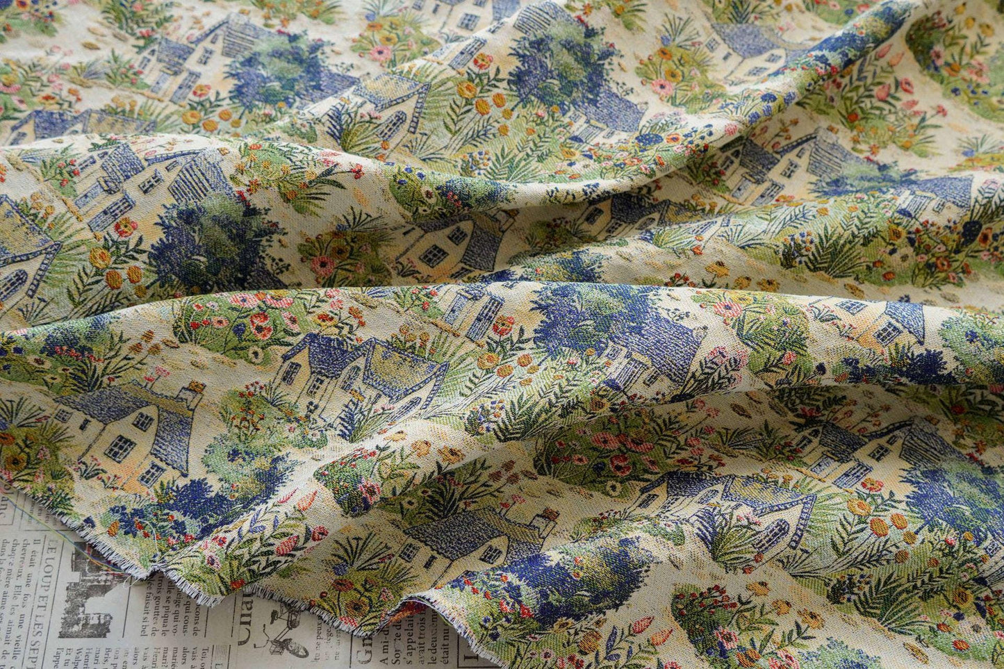 Pastoral Oil Painting Style Jacquard Fabric, Countryside Houses & Floral Weave, 56"Wide