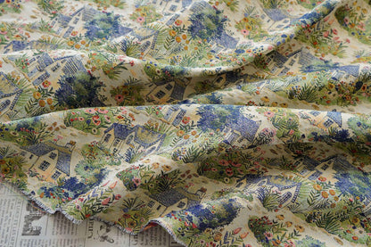 Pastoral Oil Painting Style Jacquard Fabric, Countryside Houses & Floral Weave, 56"Wide