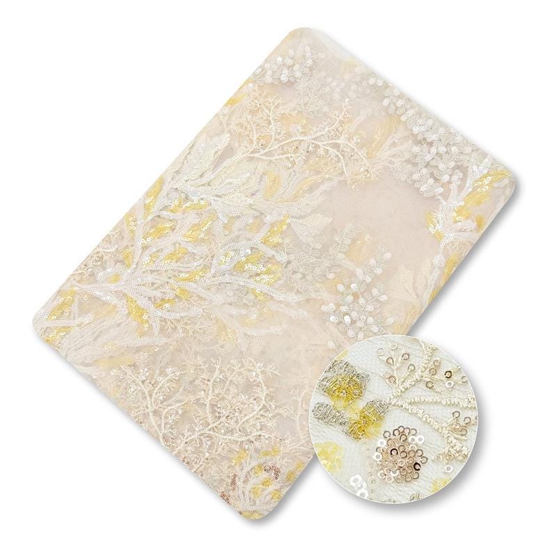 Floral Embroidery Lace Fabric: 3D Flower Sequins, 50"W, DIY Sewing