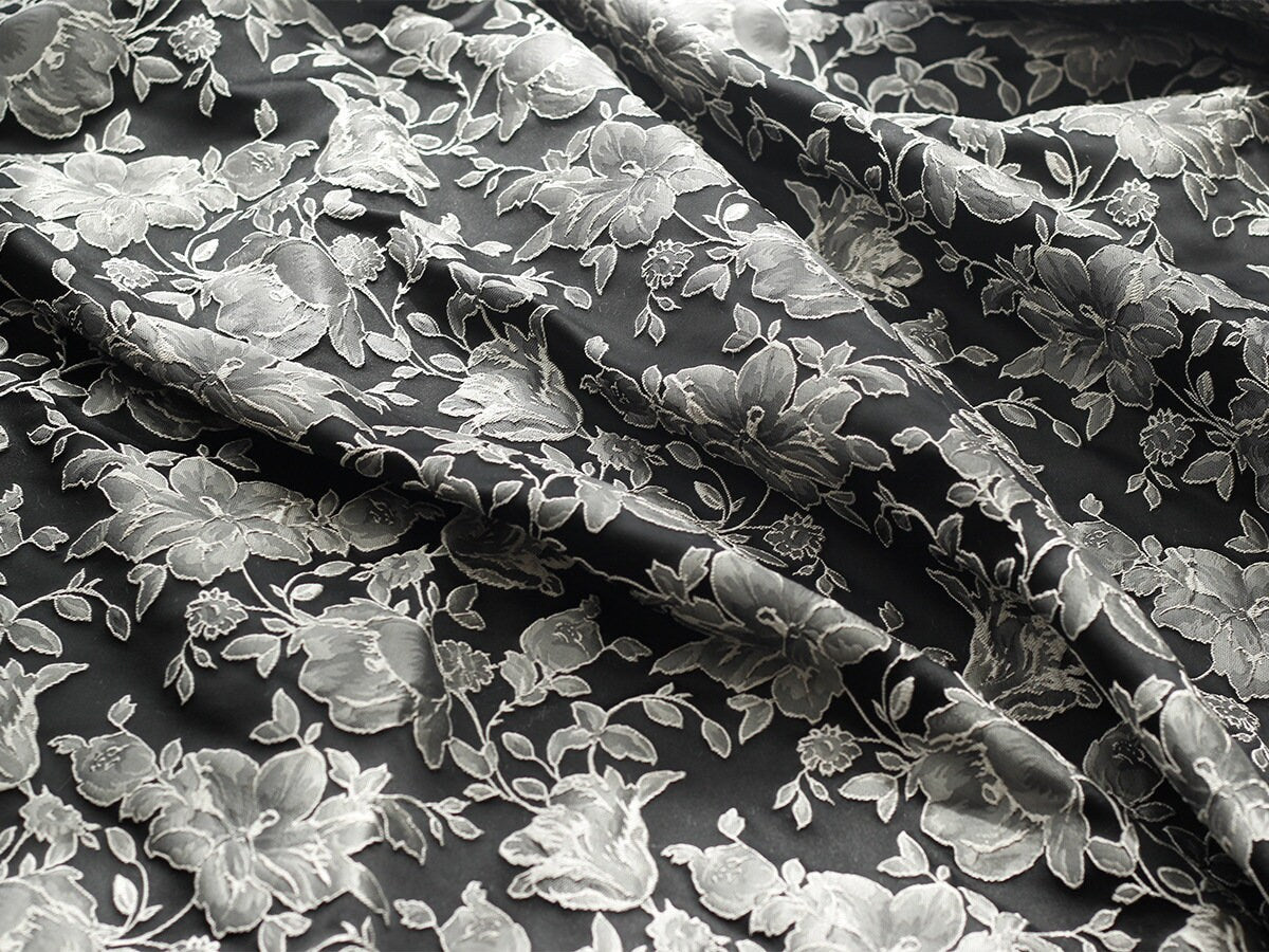 Black & White Floral Jacquard Fabric: Embossed 3D Design, 52" Wide