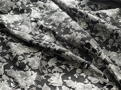 Black & White Floral Jacquard Fabric: Embossed 3D Design, 52" Wide