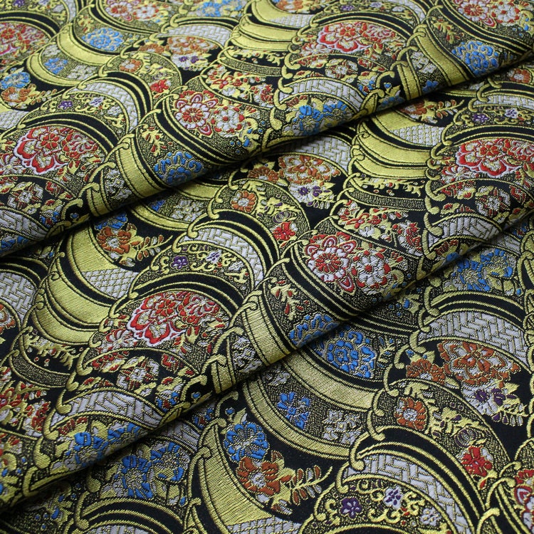 Nishijin Floral Jacquard Fabric: Black and Gold Silk Brocade (29.5" Width)