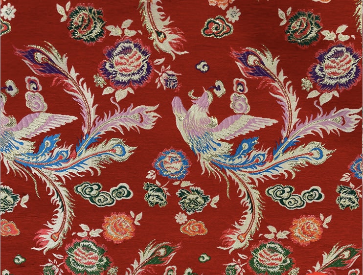 Red Phoenix Jacquard Satin Fabric: 59"W Silk Brocade, Upholstery & Sewing