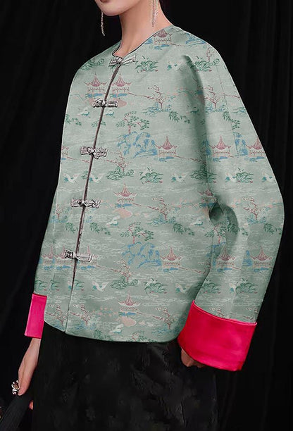 Tissu brocart Nishijin : Kimono Garden bleu aqua, 150 cm de large