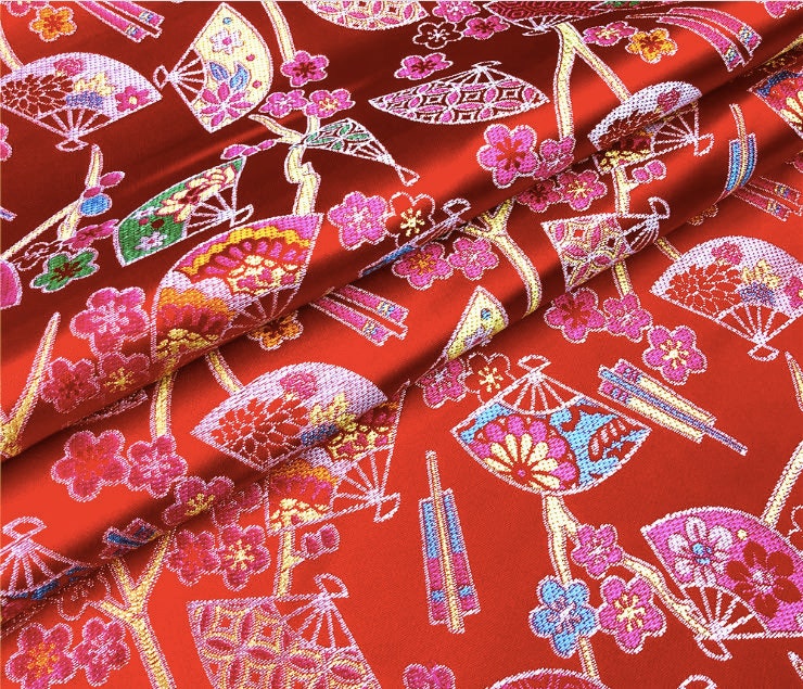 Japanese Fan Jacquard Brocade Fabric: Shiny Silk Rayon Blend, 59" Wide