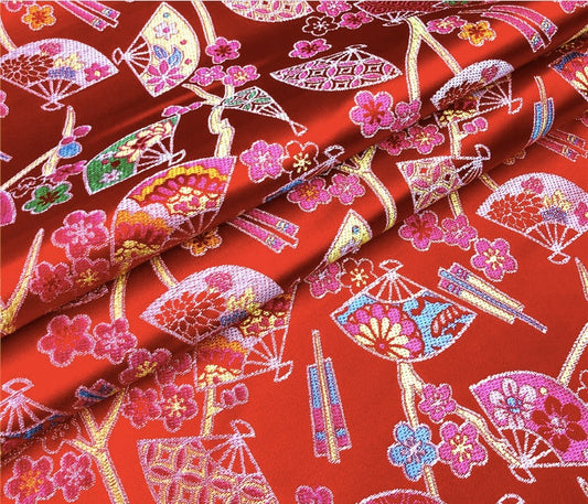 Tissu brocart jacquard éventail japonais : mélange de soie et rayonne brillantes, 150 cm de large