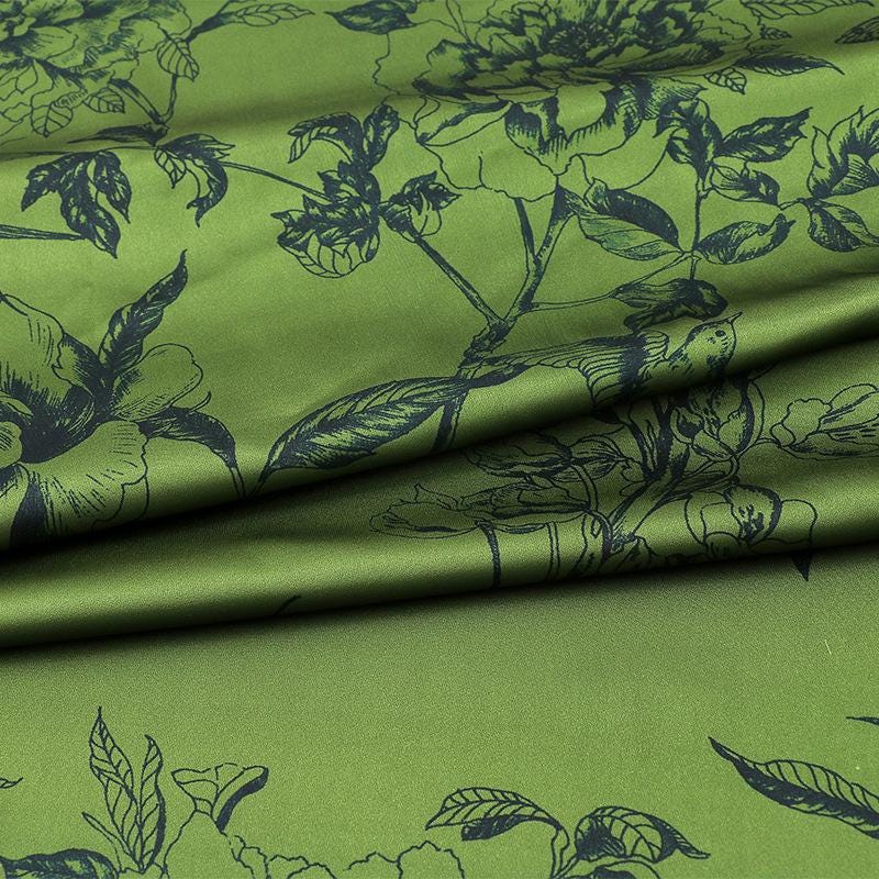 Green Floral Tea Silk Satin Fabric - 59" Wide
