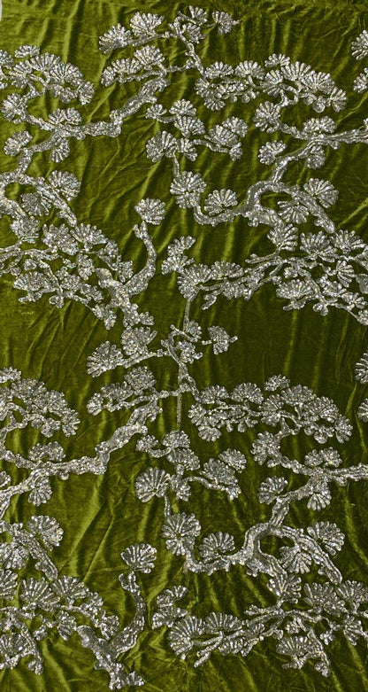 Velvet Embroidery Fabric: Beaded Pillar Design, 43"W Designer Material