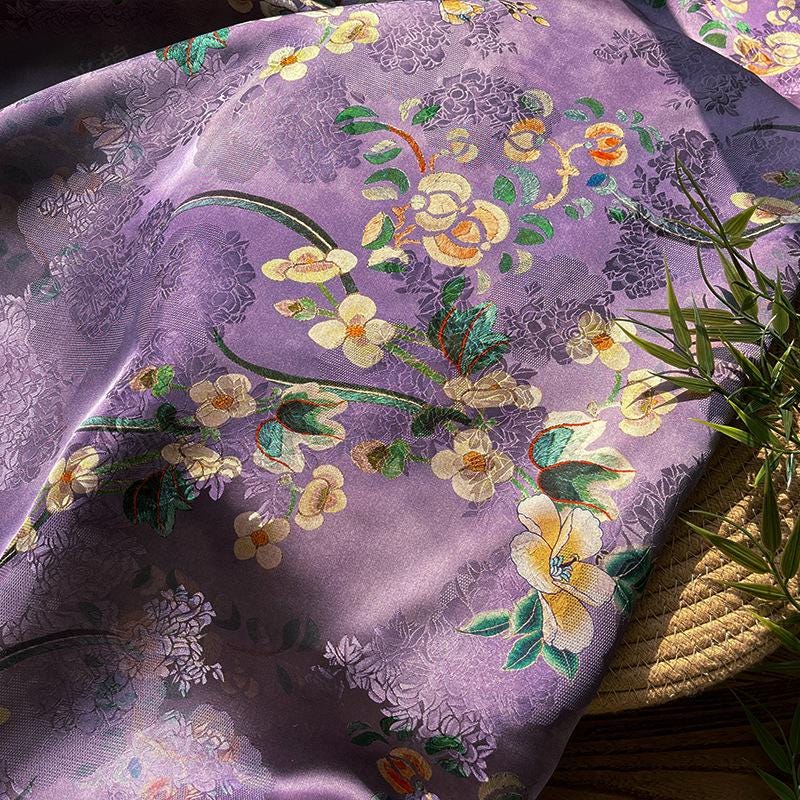 Purple Mist Jacquard Xiangyun Rayon Silk Fabric ��� Handwoven Floral Brocade for Dress, Gown, Wedding, Craft, DIY Sewi"W