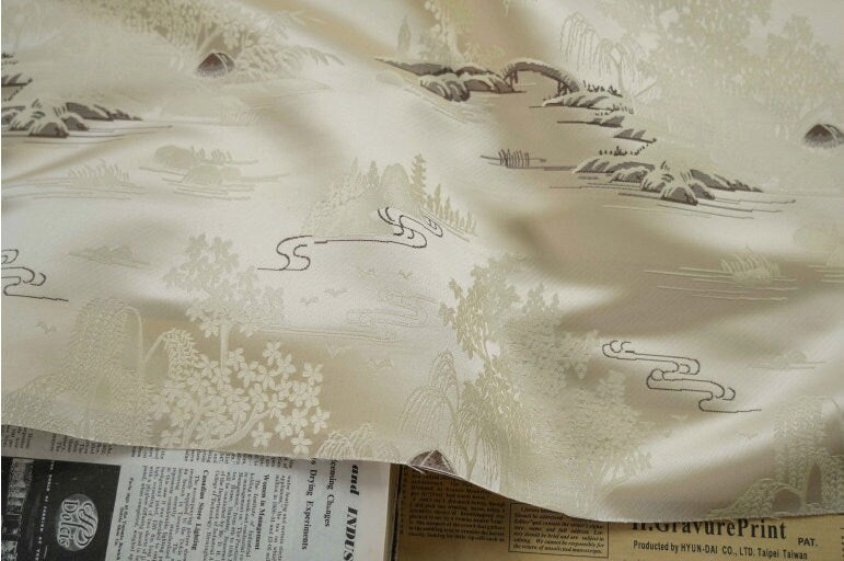 Jacquard Polyester Fabric: Minimalist Asian Landscape, Upholstery & Decor