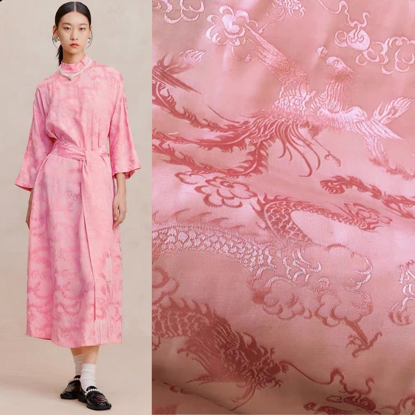 Tissu satin damassé jacquard à motif dragon et phénix rose - 150 cm de large