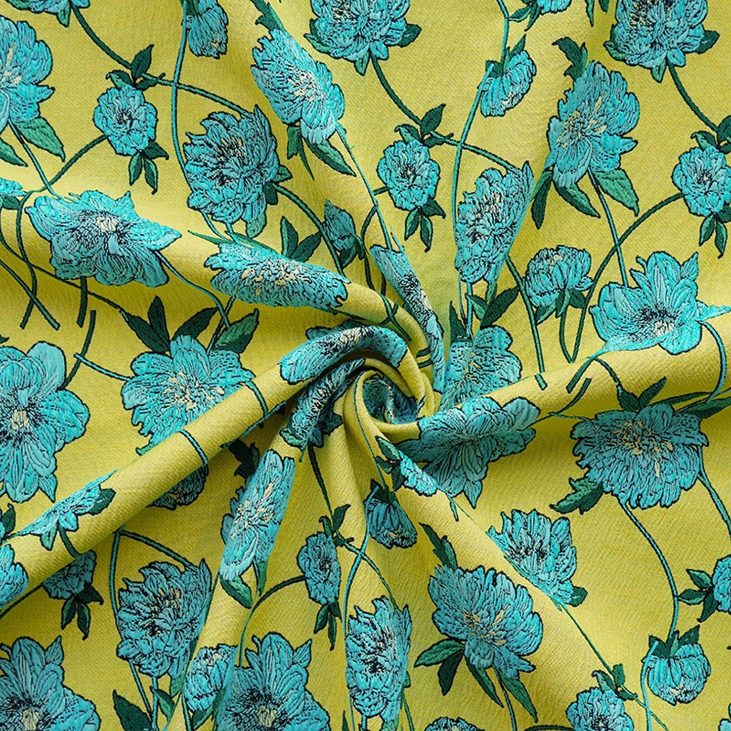 Tissu jacquard réversible : motif floral 3D bleu et jaune, largeur 135 cm