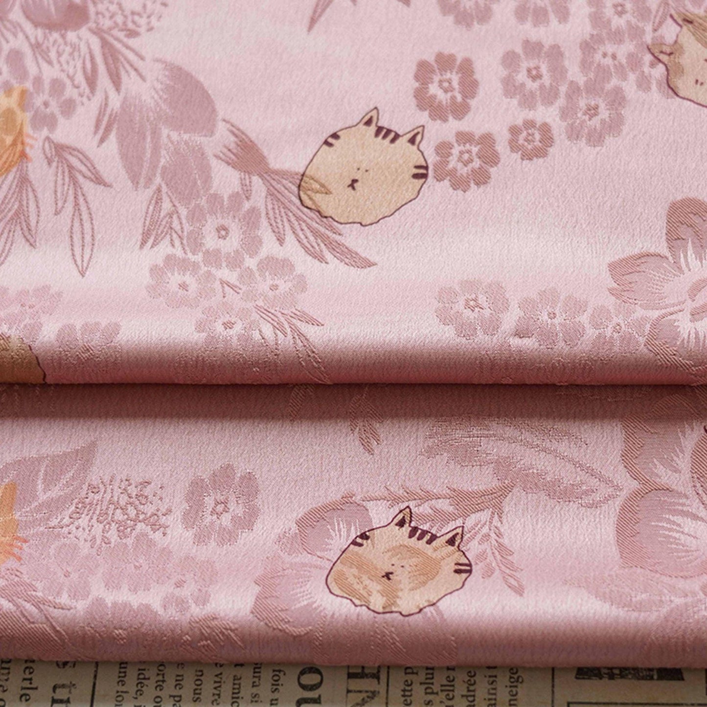 Cartoon Cat Silk Satin Fabric, Digital Print, 59"W