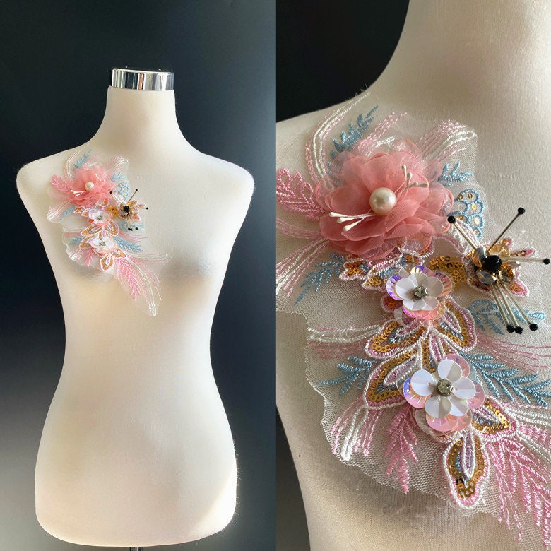 3D Embroidery Flower Applique: Handmade Organza Lace (30x13cm)