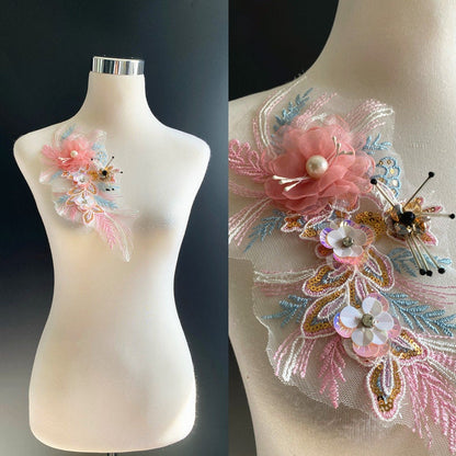 3D Embroidery Flower Applique: Handmade Organza Lace (30x13cm)
