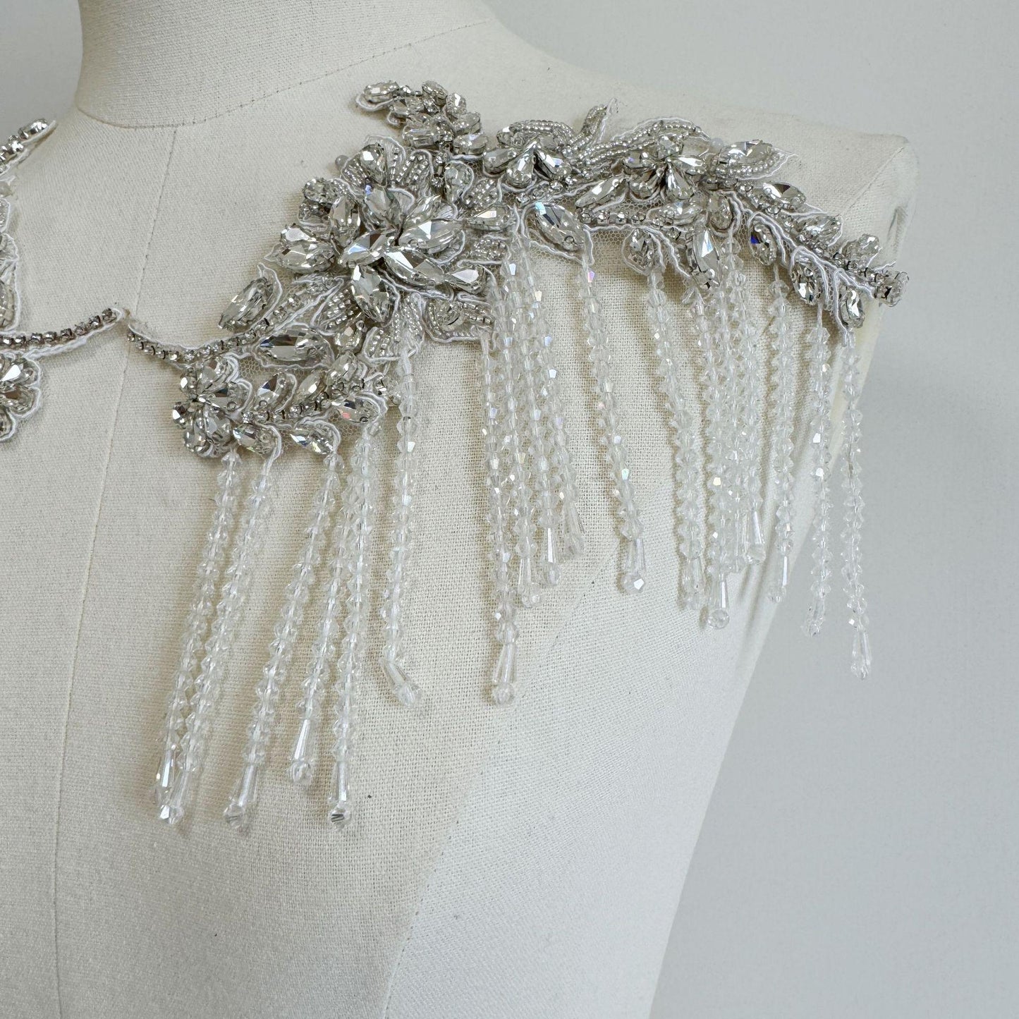Embroidered Lace Trim: Ivory Sequin Tassel Applique (20cm Pair)