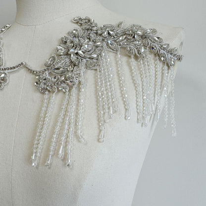 Embroidered Lace Trim: Ivory Sequin Tassel Applique (20cm Pair)