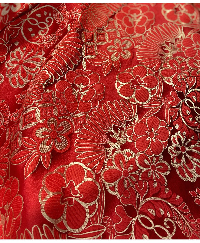 Lotus Brocade Fabric: 29.5"W Red & Gold Rayon Upholstery