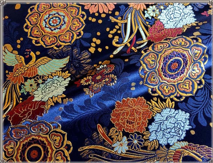 Silk Brocade Fabric: Peony Phoenix Design, 29.5" Wide, By The Meter