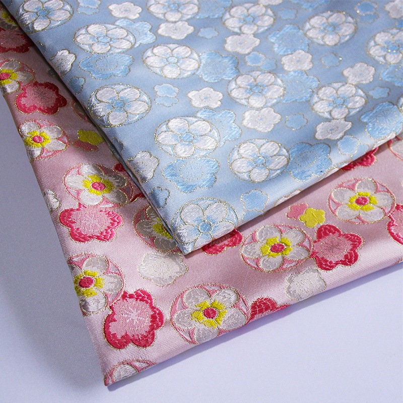 Cherry Blossom Jacquard Brocade Fabric: Blue Silk Rayon Blend, 57" Wide