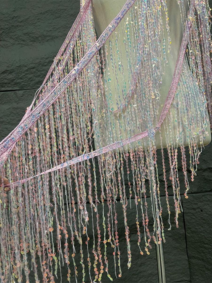 Sequined Tassel Fabric: 25cm Wide Designer Trim