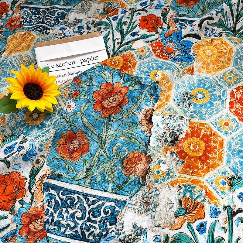 Persian Floral Cotton Fabric: Enamel Style Print, Quilting & Dressmaking, 55" Wide