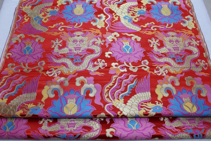 Red Dragon Brocade Fabric: Chinese Mongolian Style Silk Rayon Jacquard