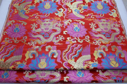 Red Dragon Brocade Fabric: Chinese Mongolian Style Silk Rayon Jacquard