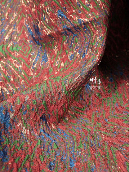 Gold Thread Jacquard Fabric: Red Blue 3D Designer Fabric (55"W By 1 Meter)