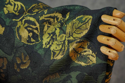 Green Jacquard Woven Fabric: 3D Gold Thread Embossed Texture, 61"W - Upholstery & Costume