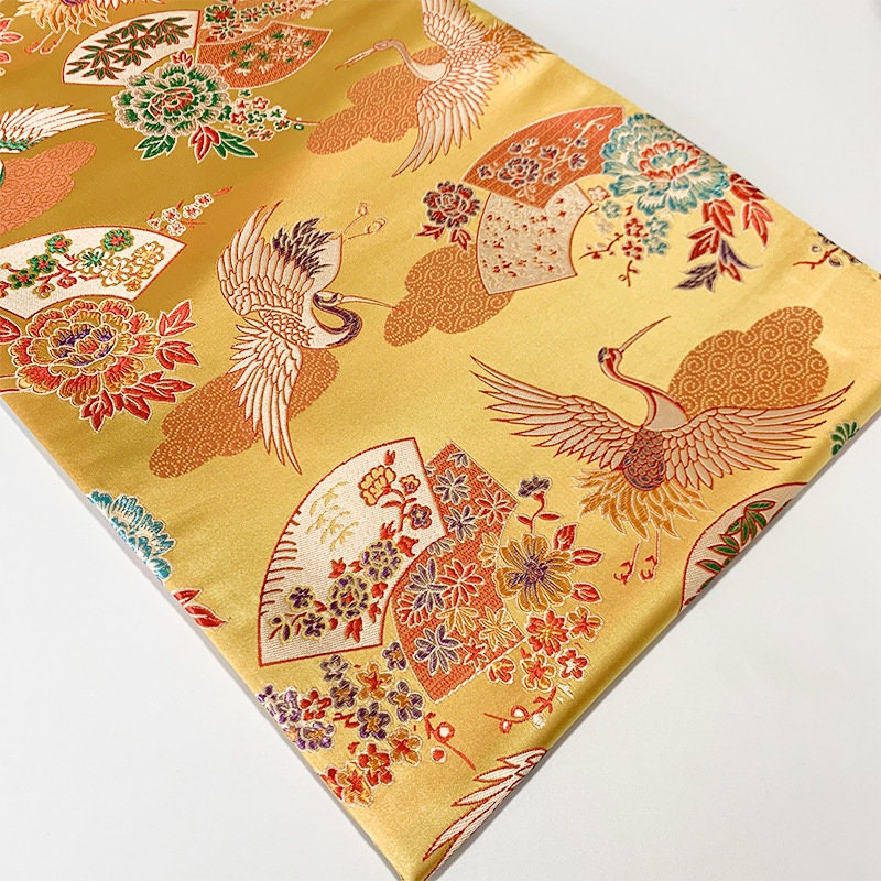 Nishijin Japanese Brocade Fabric: Crane & Fan Jacquard Silk Rayon Blend (57"W)
