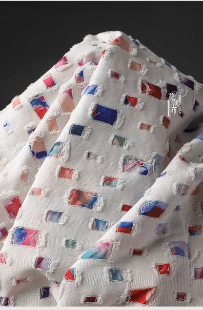 Tissu denim à armure jacquard : coton à motif quadrillé 3D, largeur 140 cm