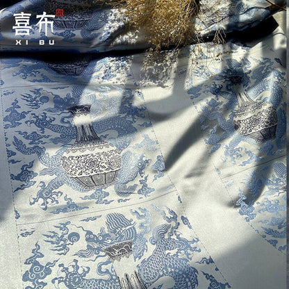 Blue Dragon Jacquard Fabric: Rayon Cheongsam Hanfu Material (26x26cm)
