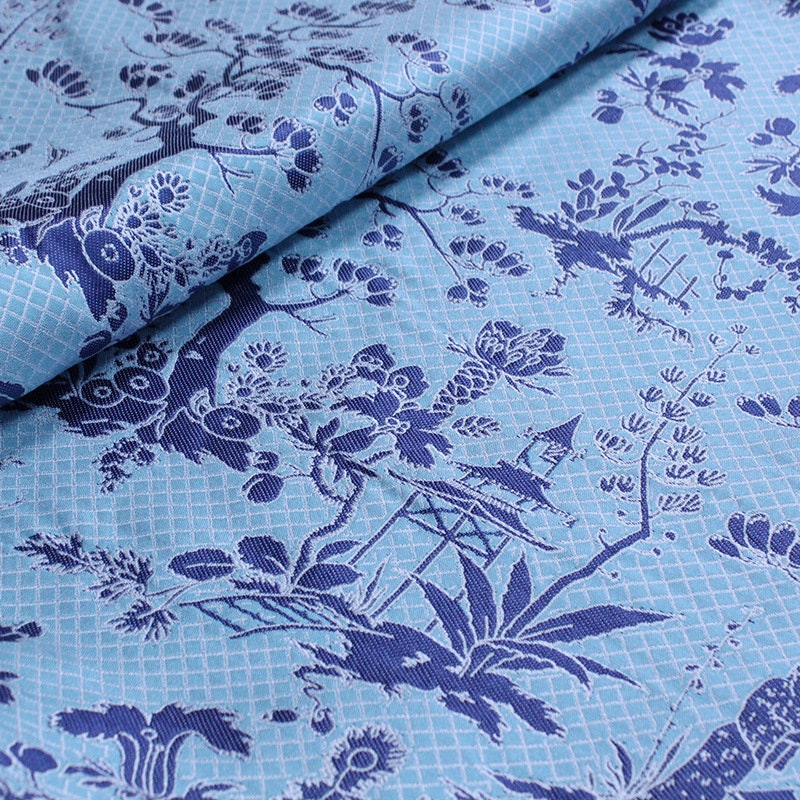 Reversible Jacquard Fabric: Ancient Painting Pattern, Blue Toile, 54"W - By The Yard
