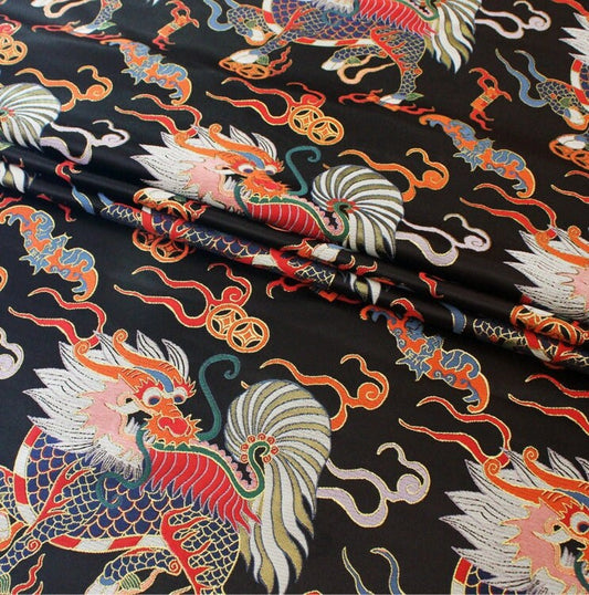 Kirin Silk Brocade Fabric: Black & Red Jacquard, 29"W