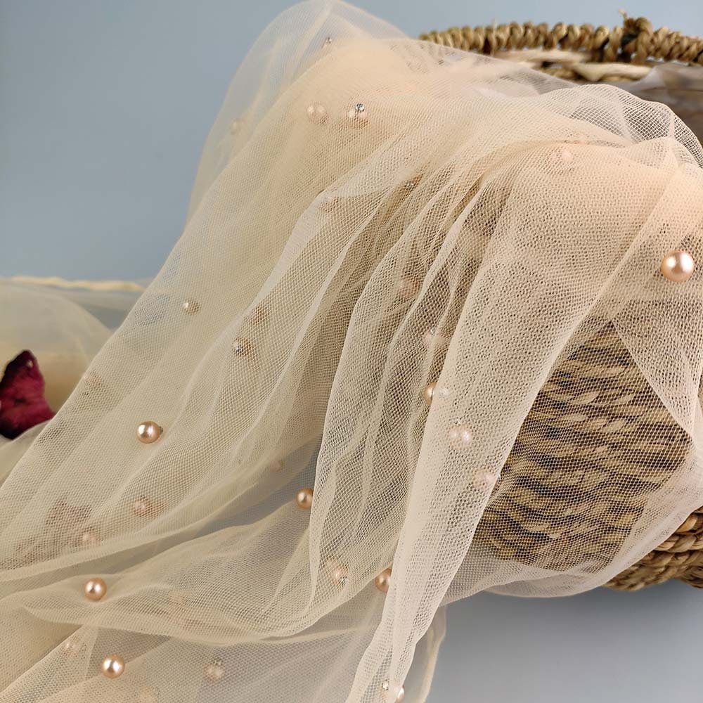 Beaded Pearl Mesh Lace Fabric, Bridal Wedding Veil, 59" Wide