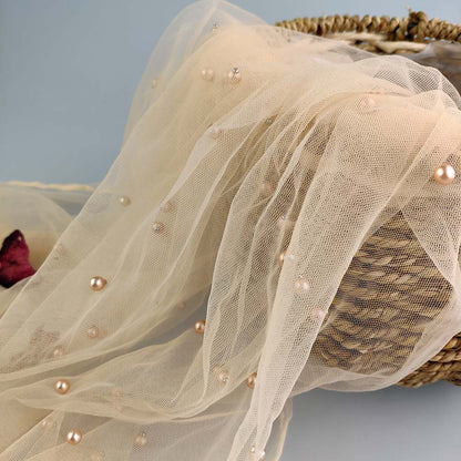 Beaded Pearl Mesh Lace Fabric, Bridal Wedding Veil, 59" Wide