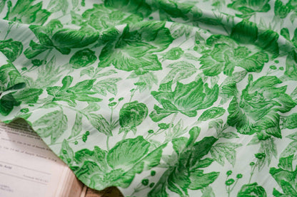 Tissu jacquard à motif de feuilles vertes : texture peinture à l’huile 3D, 135 cm de large