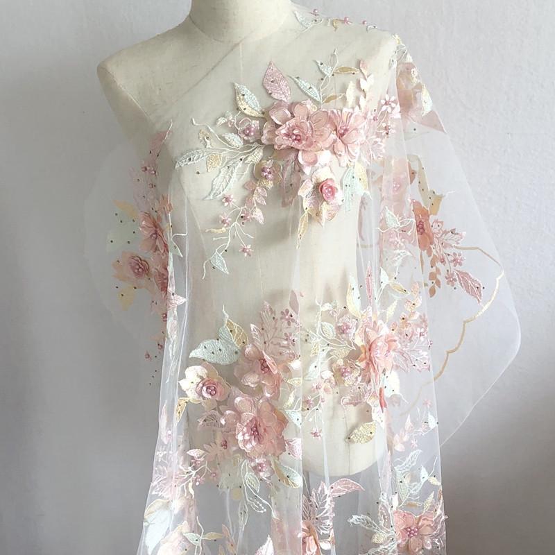 Colorful 3D Floral Beaded Embroidery Lace - Bridal Veil, Doll Making