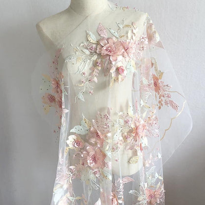 Colorful 3D Floral Beaded Embroidery Lace - Bridal Veil, Doll Making