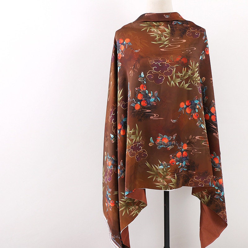 Floral Tea Silk Satin Fabric: 59"W Digital Print