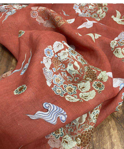 Tissu ramie imprimé Dunhuang rouge rouille : 140 cm de large, ameublement et costumes
