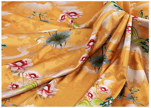 Floral Tea Silk Satin Fabric - 59"W Digital Print