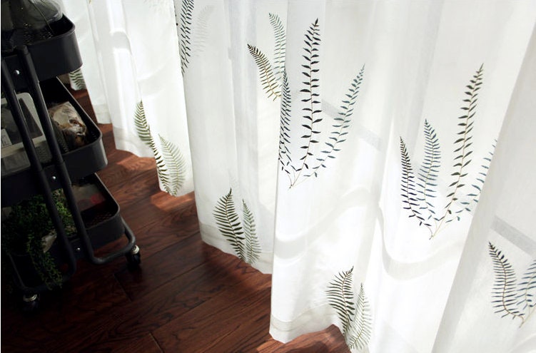 White Linen Blend Curtain Fabric: Fern Embroidery, Light Filtering
