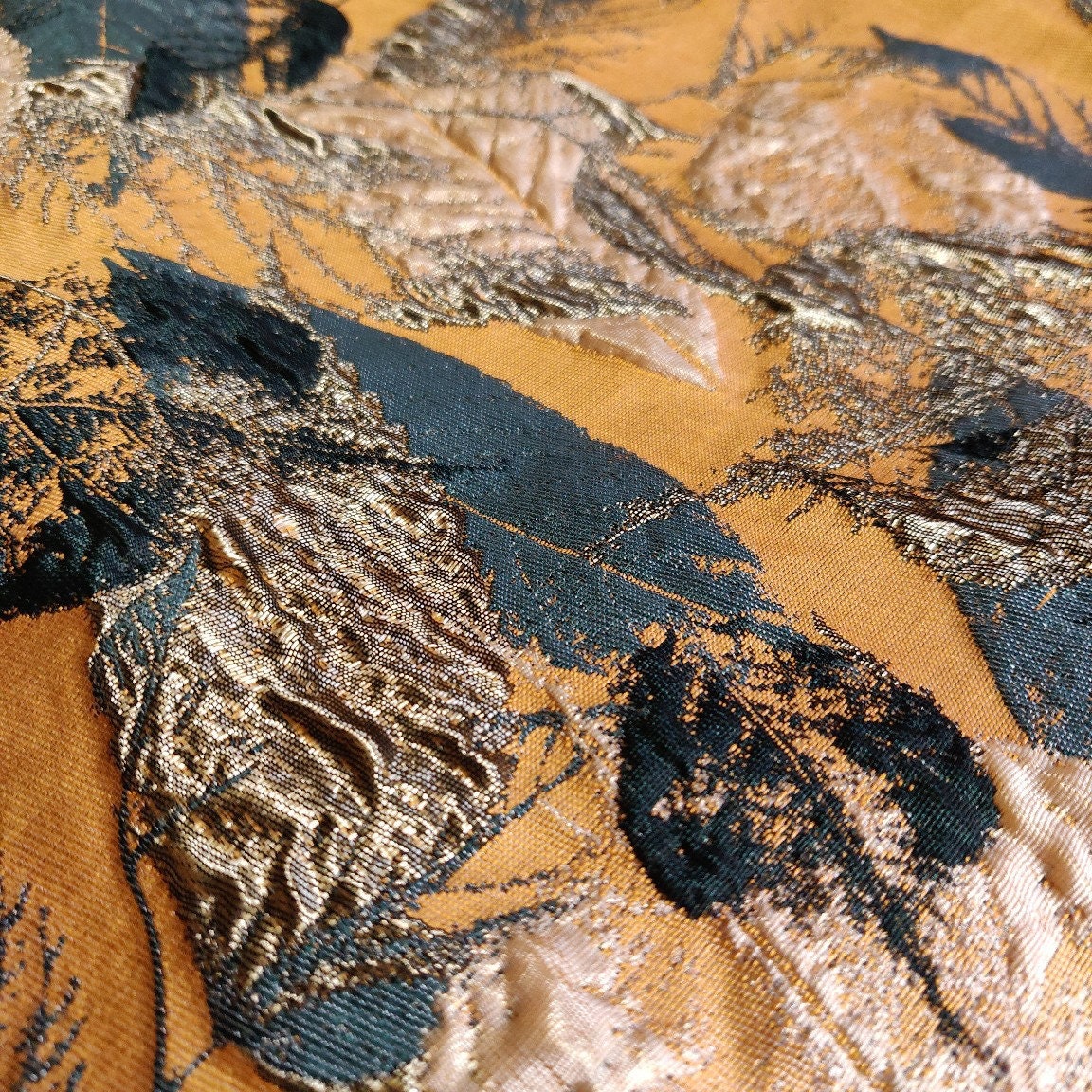 Gold Thread Jacquard Fabric: 3D Embossed Leaves, 59" Wide